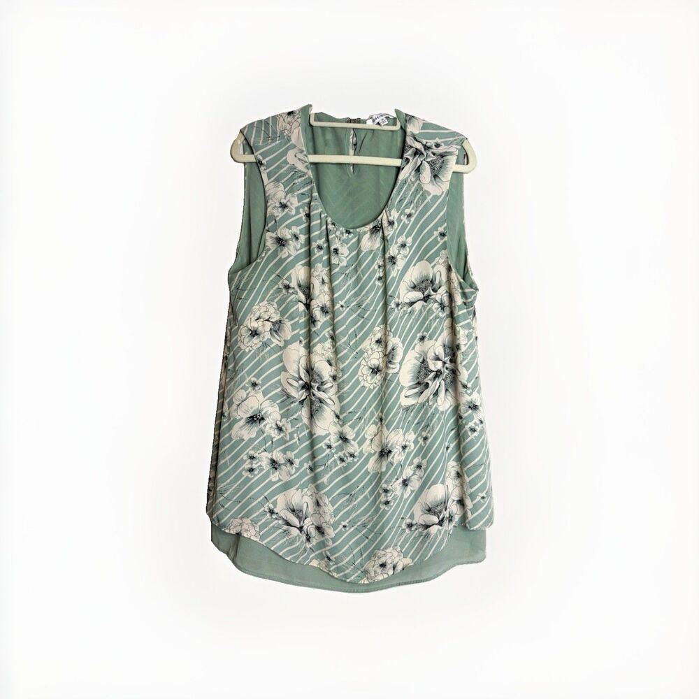 Rose + Olive Womens Plus 2X Green White Floral Sleeveless V-Neck Blouse Lined